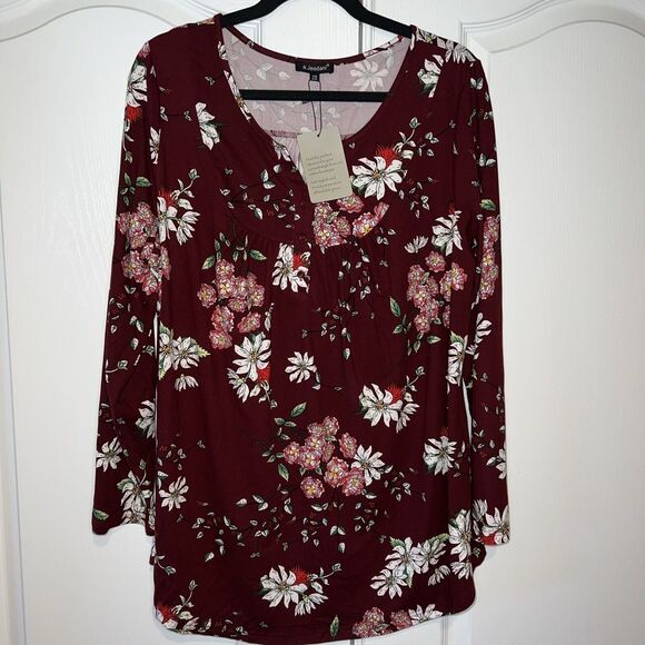 Women Top Tunic Plus 2x Dark Red Floral Print Long Sleeve Soft Knit Boho Cottage - Picture 1 of 9